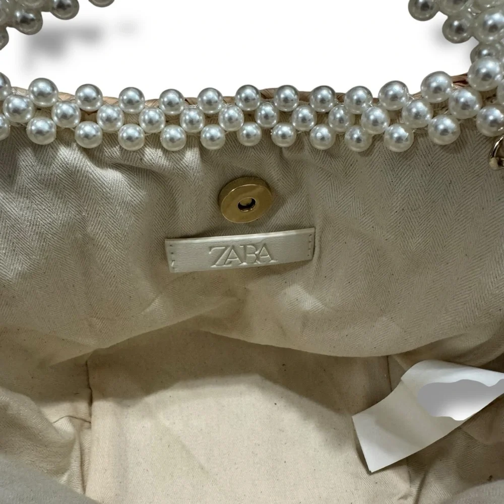 Zara Pearl Straw Rattan Handbag Crossbody Convertible Bag with Gold Chain - Picture 7 of 7